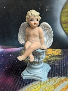 6.5" Angel Sitting On Blue Pillar, Baby Cupid Ceramic, White Wings, Legs Crossed - Picture 1 of 18