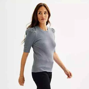 Nine West Gray Puff Sleeves Size Small Women's Sweater Rib Top 1/2 Sleeve - Picture 1 of 8