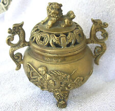 19th Century Chinese Brass Incense Burner/Censor, Dragon Bats Lion, Signed