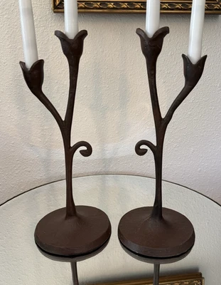 2 POTTERY BARN Candle Holders Art Nouveau Botanical Double Taper Bourgeois Brown - Image 1 of 4