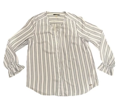 Blusa Tahari Grande Azul Blanco Rayas Manga Larga Abotonada Cuello en V Top Foto 1 de 4