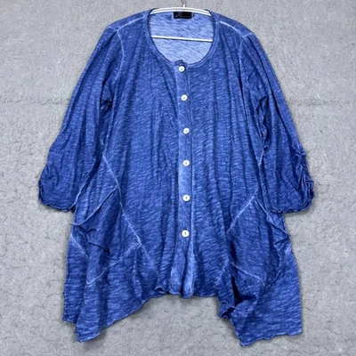 Fenini Топ женщин маленький синий выгорания сплетенный на пуговицах карманы Lagenlook рубашка США - Изображение 1 из 4