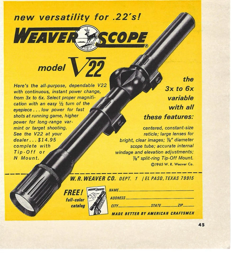 1965 Weaver Scope модель V22 универсальность для .22 переменная винтажная печатная реклама - Изображение 1 из 1