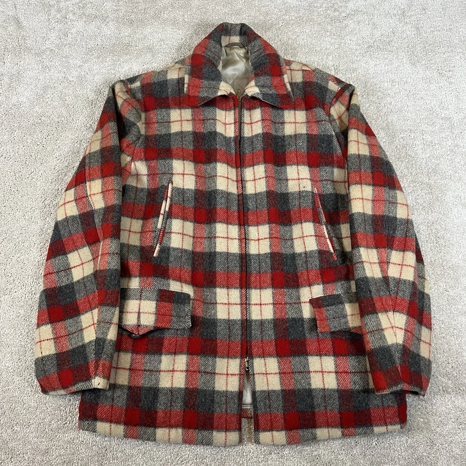 Vintage 50s 60s Mens Zip Up Wool Coat Plaid - Image 1 of 4