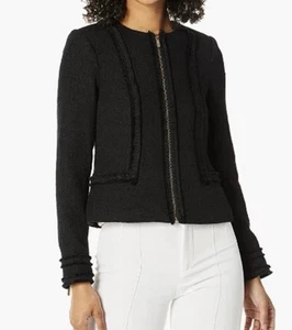 Chaqueta Blazer Karl Lagerfeld Paris Negra Cremallera Frontal Tweed Borde Flecos Talla 16 Nueva con Etiquetas - Imagen 1 de 13