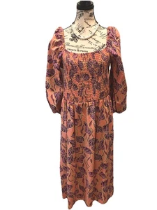 Time & True XL 16/18 Peach Floral Smocked Maxi Dress Puff Sleeves - Picture 1 of 6