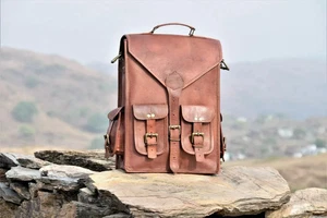 Vintage Rucksack Leather Bag Backpack Goat Laptop Brown Genuine Messenger Travel - Picture 1 of 8