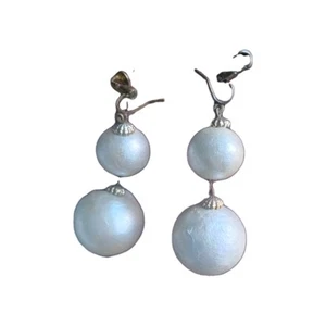Stylish White Cotton Pearl Dangle EARRINGS 2.5" Hook and Clip Combo  - Picture 1 of 13