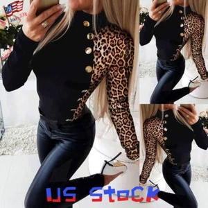 Womens Leopard Buttons Long Sleeve Tops Ladies Slim Fit Pullover T Shirt Blouse - Picture 1 of 7