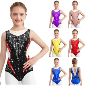 Kids Girls Bodysuit Splice Jumpsuit Rhinestones Dancewear Competition Dance - Picture 1 of 82