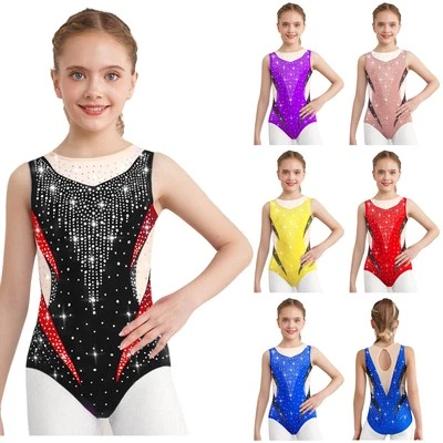 DE iEFiEL Mädchen Turnanzug Glänzend Gymnastikanzug Ärmellos Tanzbody mit Strass - Bild 1 von 4