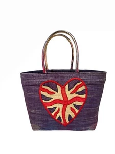 STUNNING UNION JACK SMALL RAFFIA TOP HANDLE HANDBAG 17 x 10 inches PATRIOTIC - Picture 1 of 5