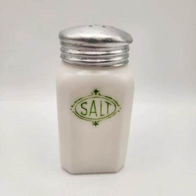 Salero Hazel Atlas vintage de vidrio blanco con verde Foto 1 de 4