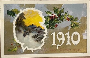 New Year Cottage Scene Antique Embossed Postcard 1910 - Picture 1 of 5