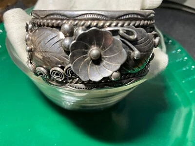 Vintage Fred James Navajo sterling silver flower blossom cuff bracelet - Image 1 of 4