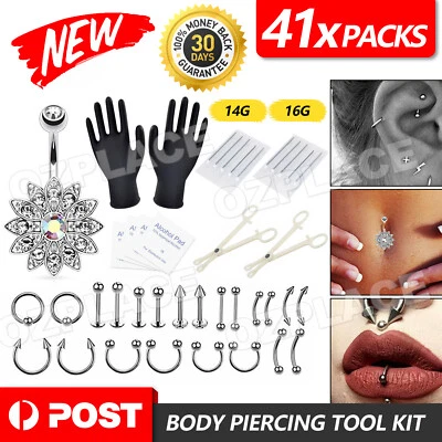 41 PCS Body Piercing Tool Kit Ear Nose Navel Nipple Needles Set Ear Belly Tongue - image 1 of 4