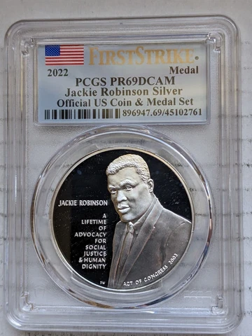 2022-P Jackie Robinson 99.9% Silver Medal PCGS PR69 DCAM First Strike Spots Cover