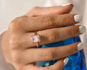 Anello in argento sterling 925 morganite taglio smeraldo regalo anniversario per uno speciale - Foto 1 di 16