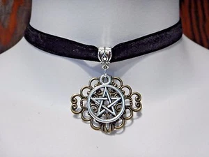 BLACK VELVET SILVER PENTAGRAM CHOKER bronze gothic wiccan witch necklace O4 - Picture 1 of 4