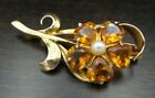 GREAT VINTAGE 1960S 9K SOLID YELLOW GOLD, MADEIRA CITRINE & PEARL FLOWER BROOCH