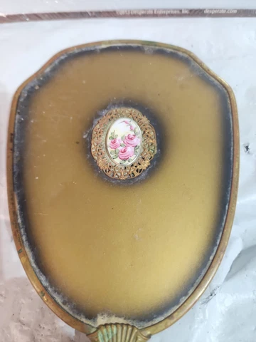 Antique Brass Hand Held Vanity Mirror 13 inch Victorian Floral Broach Beautiful Cover