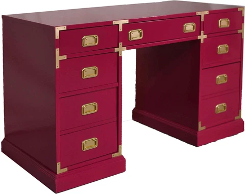 1960s Campaign Partner's Desk 7 Drawer in Magenta - Newly Painted Cover