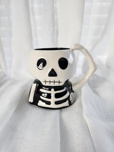 PIER 1 Halloween Skeleton Mug Hand Painted & Black White Spooky - Picture 1 of 4