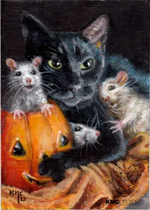 KMCoriginals PRINT Schwarze Katze 3 Ratten Halloween Kürbis Freunde Reproduktion ACEO Kunst - Bild 1 von 1