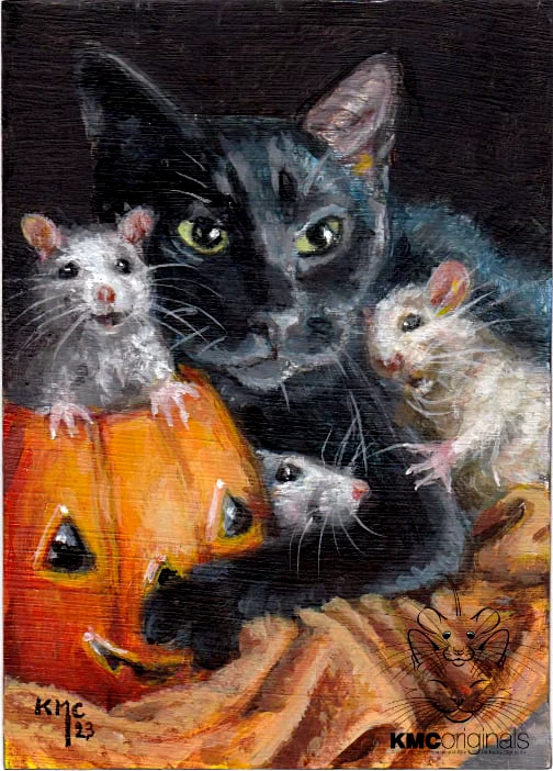 KMCoriginals PRINT Schwarze Katze 3 Ratten Halloween Kürbis Freunde Reproduktion ACEO Kunst - Bild 1 von 1