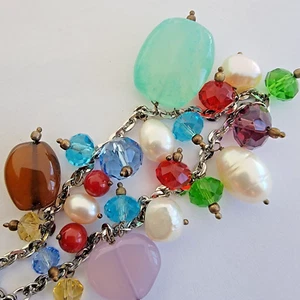 Charm Bracelet Freshwater Pearl Green Agate Smoky Quartz Purple Chalcedony 7.5in - Picture 1 of 8