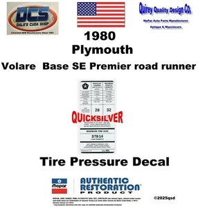 1980 Volare Base SE road runner D78x14 Tire Pressure Decal 4014901 New MoPar USA - Picture 1 of 2