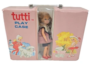Mattel Vtg 1965 Barbie Tiny Sister Pink Play Case including 3 Tutti Doll LOT - Picture 1 of 5