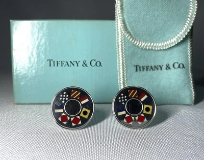 Autentici bellissimi gemelli Tiffany & Co. smalto bandiere nautiche SV925 regalo - Immagine 1 di 4