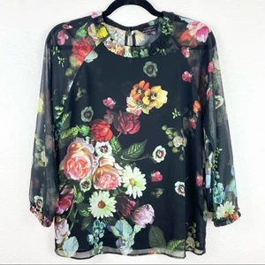 TED BAKER Anina Ölgemälde Blumen Bluse Oberteil Schwarz 1 Langarm - Bild 1 von 7
