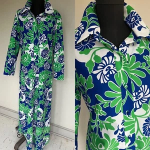 VTG 60's TRULY SOCIAL NORA ZANDRE Kaftan Tunic Dress Blue Green Floral M L GREAT - Picture 1 of 14