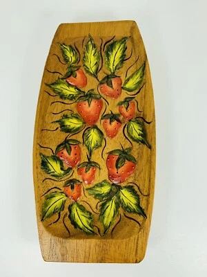 Hand Painted Carved Wood Strawberry Tray Dish Folk Art Cottage Core VTG - Image 1 of 4