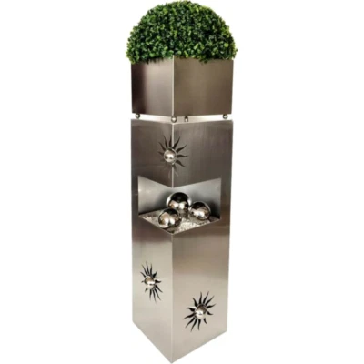 Gartendeko  Metall Pflanzsäule mit Pflanzschale, Kies und drei Stahlkugeln - Bild 1 von 2