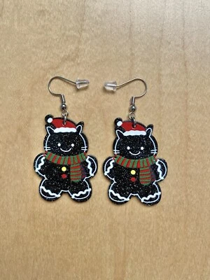 Pendientes Gato Pan de Jengibre Gatito Negro Navidad Sin Níquel Brillo Sombrero de Papá Noel Foto 1 de 4
