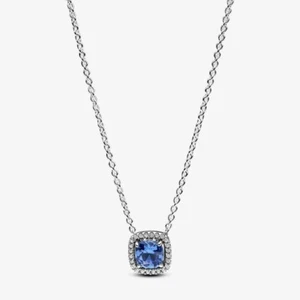 Pandora Silver Sparkling Square Blue Halo Pendant Necklace - Picture 1 of 4