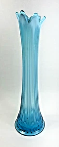 Jefferson Glass Blue Swung Stretch Vase 13" Vtg MCM Fleur-de-Lis Iris Ribbed - Picture 1 of 10