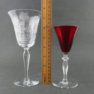 *$ALE!* MONROE red WINE & MAYFAIR etch WATER GOBLET - vintage MORGANTOWN stems - Picture 1 of 9