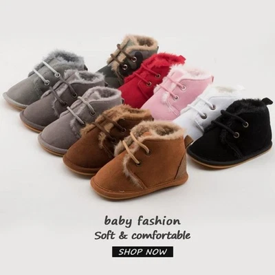 Baby Girls Boys Newborn Infant Soft Sole Shoes Flat Warm Fur Lined Boots Winter - Image 1 of 4
