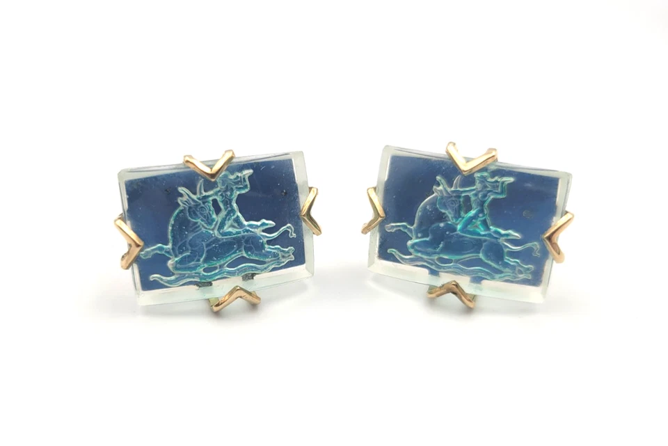 复古 Swank Intaglio 蓝色巴伐利亚水晶袖扣 世界艺术 大力神 — 第 1/4 张图片