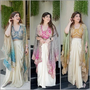 ENCHANTING 3 Pc INDOWESTERN DESIGNER OUTFIT FOR PARTIES BLOUSE SKIRT & SHRUG SET - Zdjęcie 1 z 11