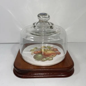 Vintage Wood & Tile Cheese Board Tray Storage With Glass Dome - Bild 1 von 9