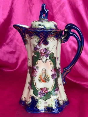 Antique NIPPON Hand Painted Portrait Floral Chocolate Cocoa Pot Cobalt Victorian - Image 1 of 4