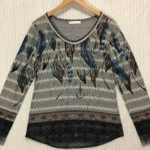 Voice of California Feather Print Top Embellished Long Sleeve Gray Size Medium - Picture 1 of 6