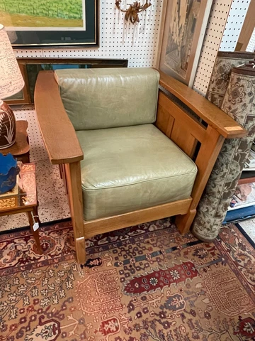 Mission Oak Chair with Olive Leather Seat Cover