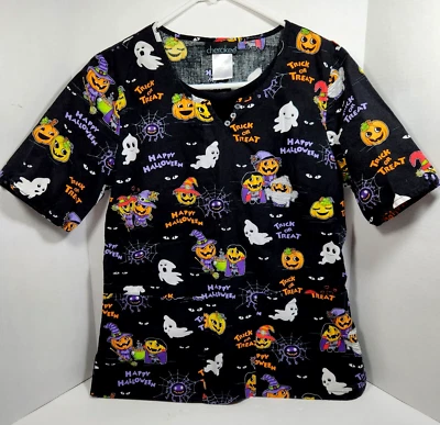 Cherokee Scrub Top Halloween Womens Small Pumpkin Monster Ghost Spider BLK 2622C - Image 1 of 4