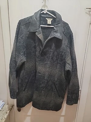 Eddie Bauer Wool Jacket Tweed Leather Collar VTG USA Made Long Overcoat Mens L - Image 1 of 4